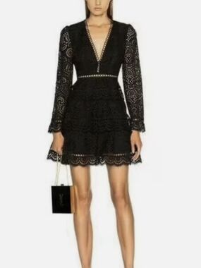 Zimmerman Sz2 Black Lace V-Neck Long Sleeve Mini Dress